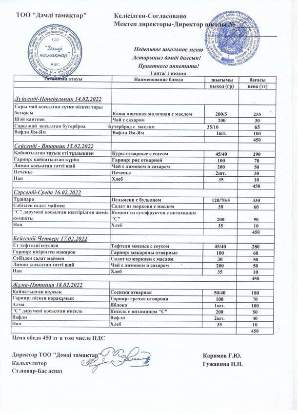 Школьное меню с 14.02-по 18.02.2022г