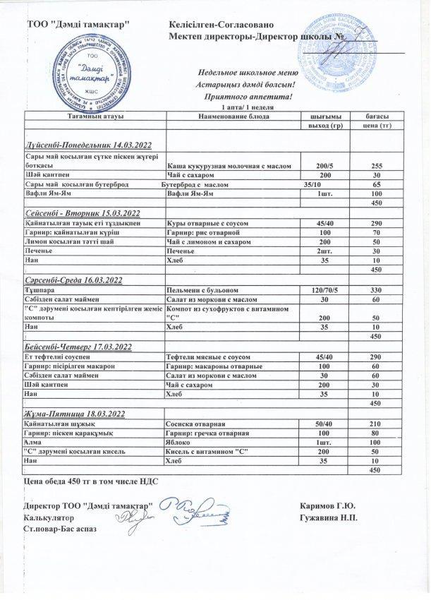 Школьное меню с 14.03.2022 по 18.03.2022