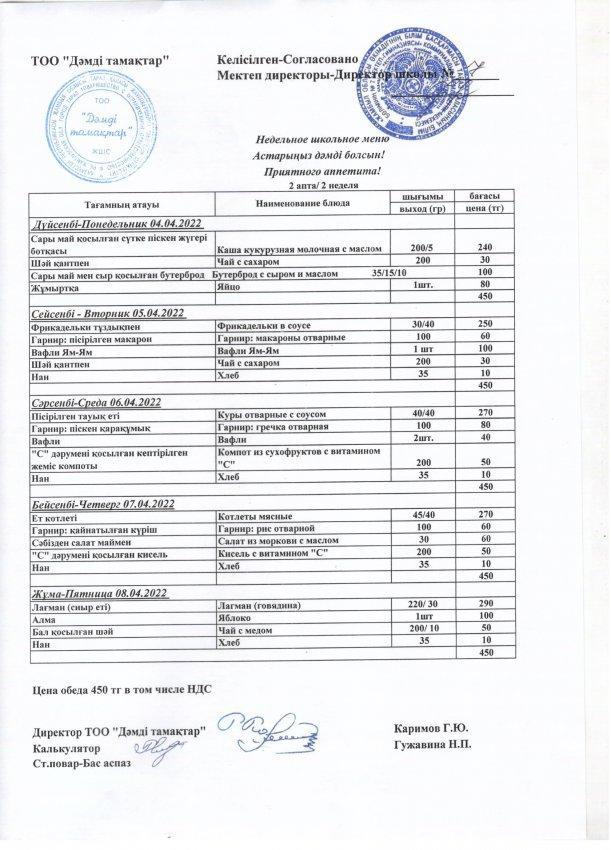Недельное меню с 04.04.2022 по 08.04.2022