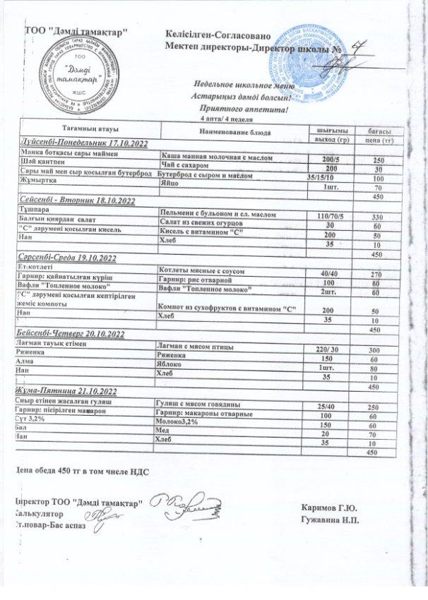 Недельное школьное меню 17.10.22-.21.10.22